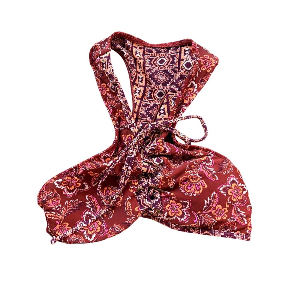 No Boundaries Red Paisley Lace Up Swim Top - Size M